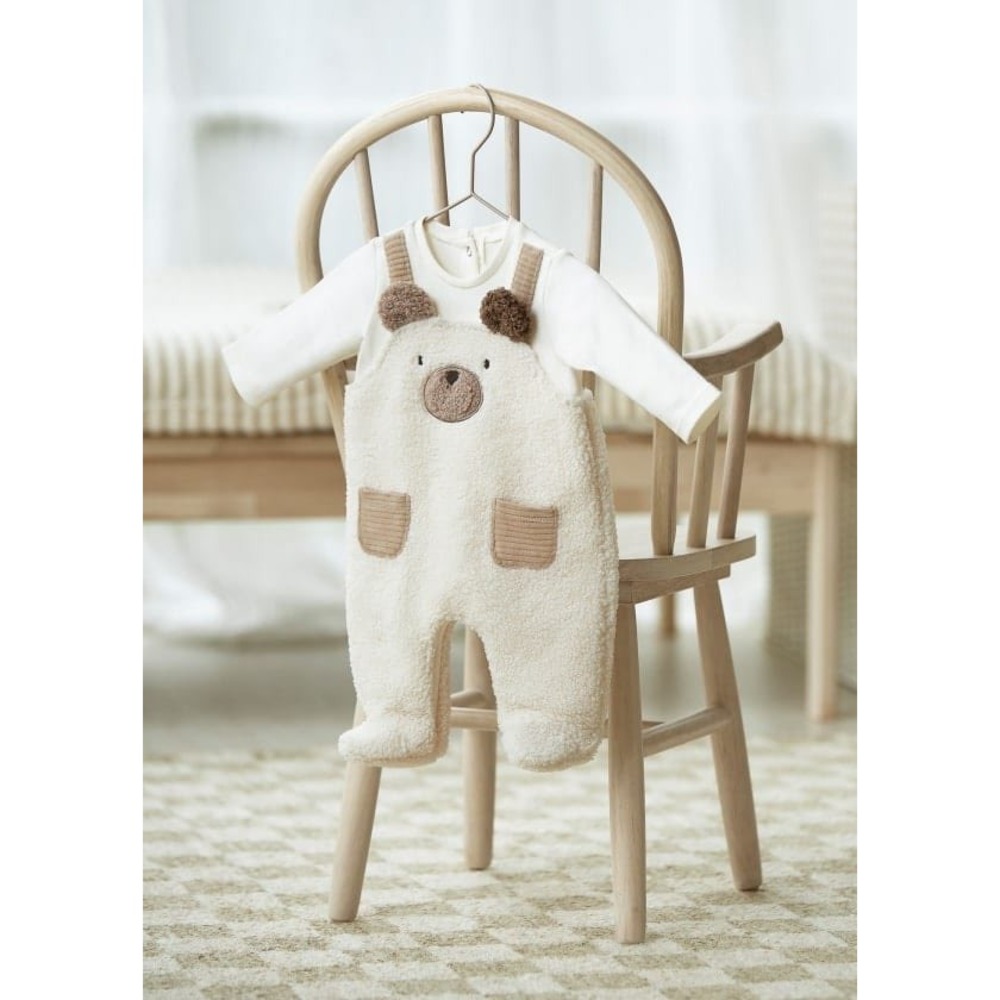 Mayoral Newborn Bear Faux Shearling Jumpsuit Ivory Brown 6-9M 75cm